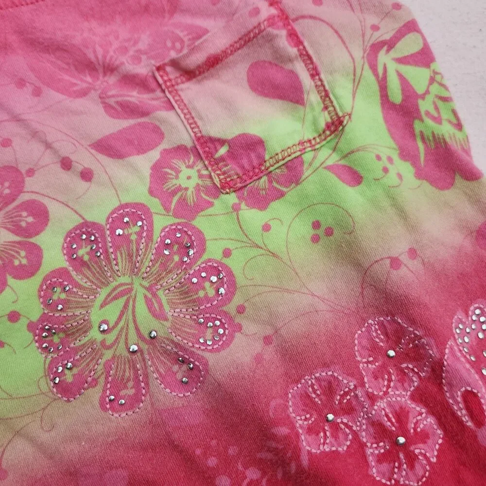Vintage Y2K Skechers Pink Lime Green Floral Rhinestone Flutter Sleeve Top Size 6